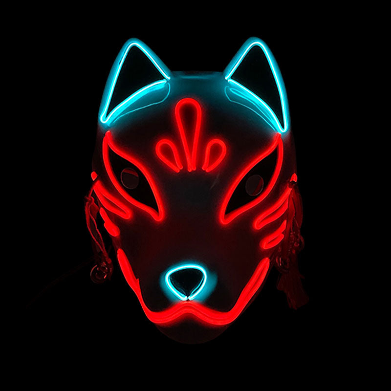 Masque renard japonais illuminé en rouge néon pour cosplay
