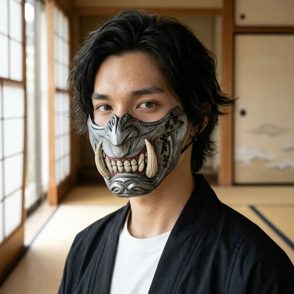 Masque Oni Samurai en gros plan porte dans une piece japonaise en tatami, details peints sous des yeux calmes et sombres