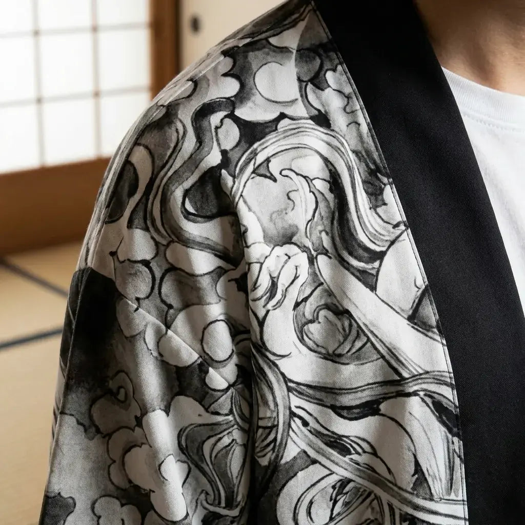 Gros plan sur le tissu et la manche du veste kimono homme