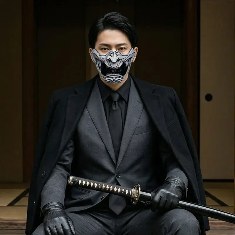 Homme en costume sombre avec un masque et un katana dans un décor japonais traditionnel