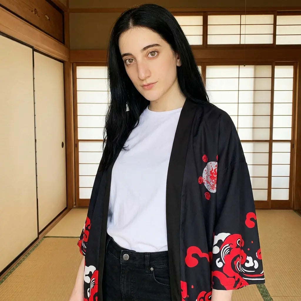 Motif démon rouge visible en détail sur la manche du kimono