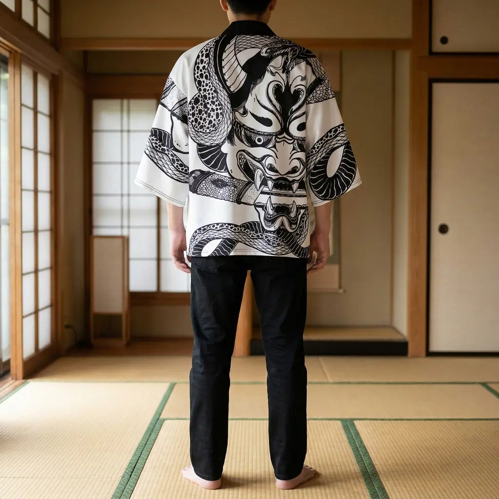 Dos complet du haori, motif masque et vagues visible en grand format