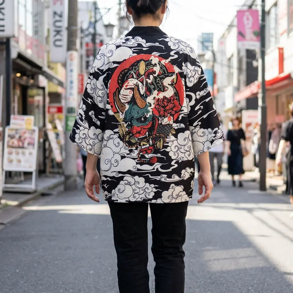Détail du tissu du Haori Jacket Tsuru avec motifs Oni et Kitsune