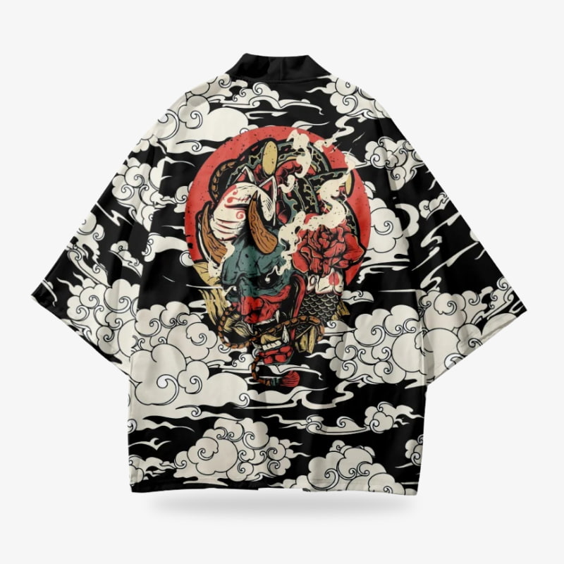 Motif Oni sur la veste kimono noire Haori Jacket Tsuru