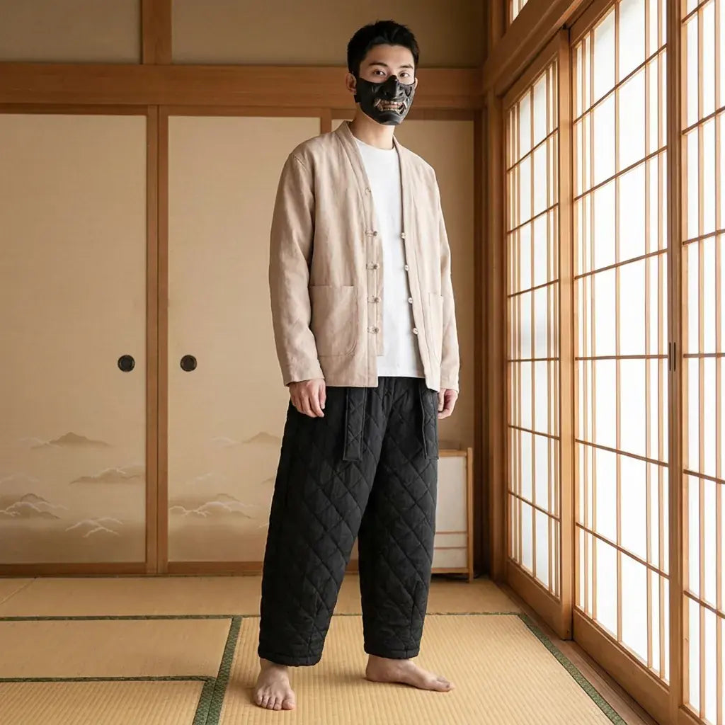 Pantalon Cargo Style Japonais porté par un homme dans une pièce japonaise traditionnelle, vue de face