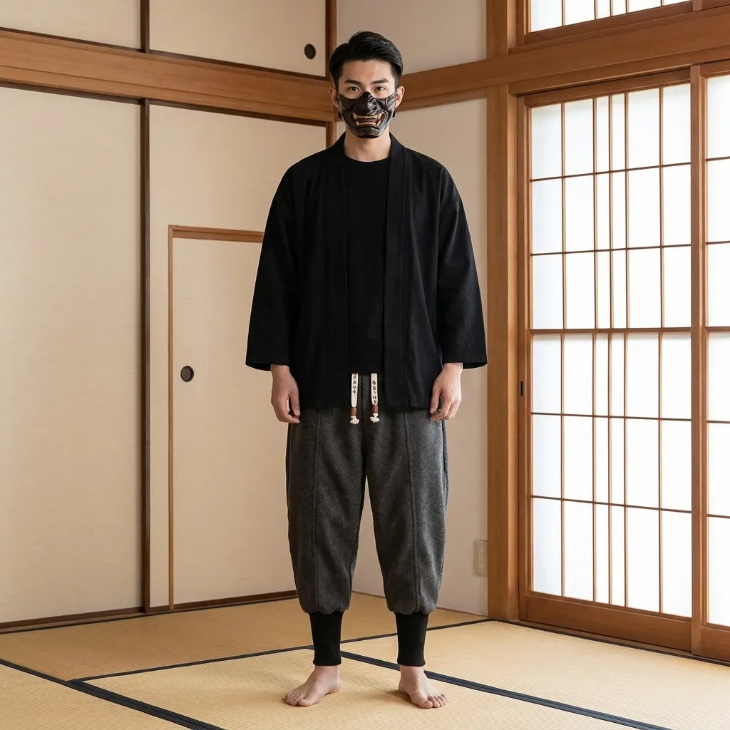 Pantalon de jogging streetwear japonais porté en extérieur