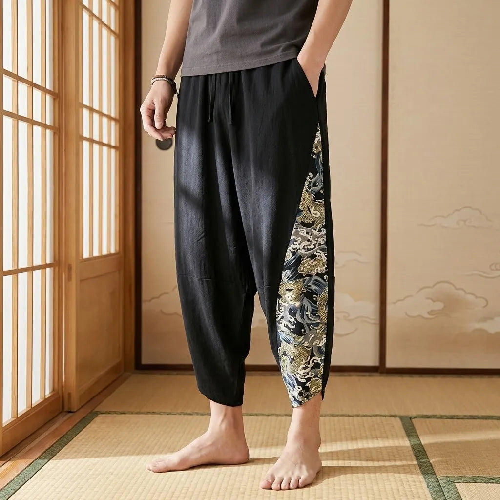 Pantalon harem japonais noir à coupe ample pour homme