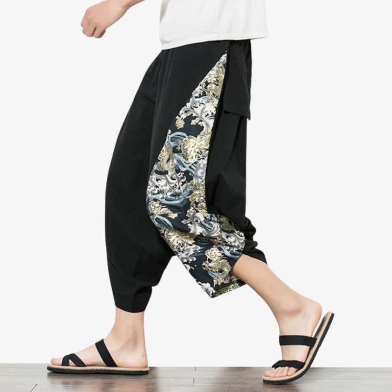 Pantalon japonais motif nature sur fond noir