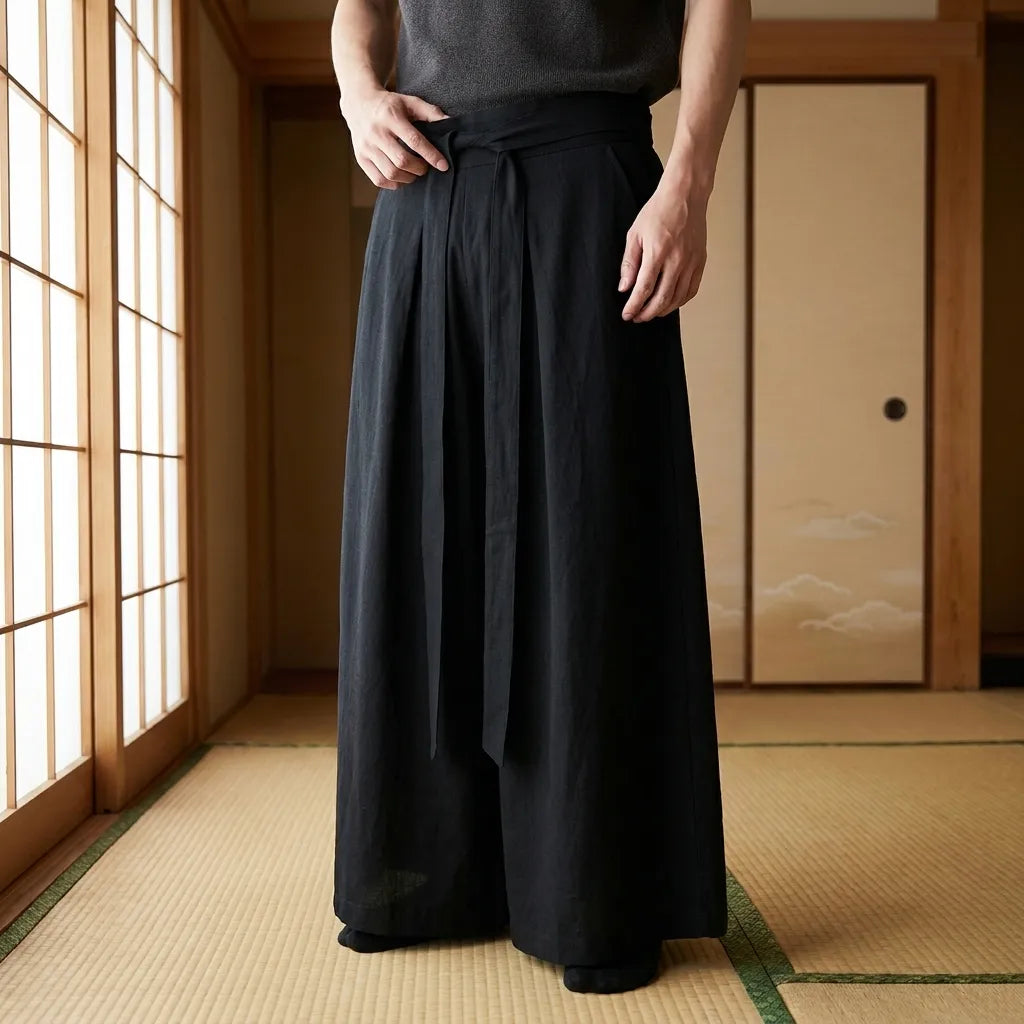 Pantalon japonais traditionnel noir à coupe ample inspiré du hakama