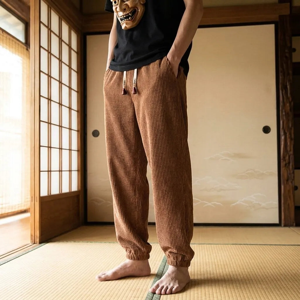 Vue de face du pantalon japonais en velours côtelé pour homme