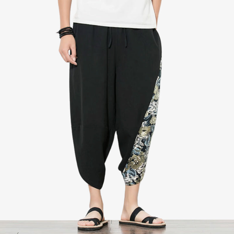 Pantalon large japonais noir au tissu respirant
