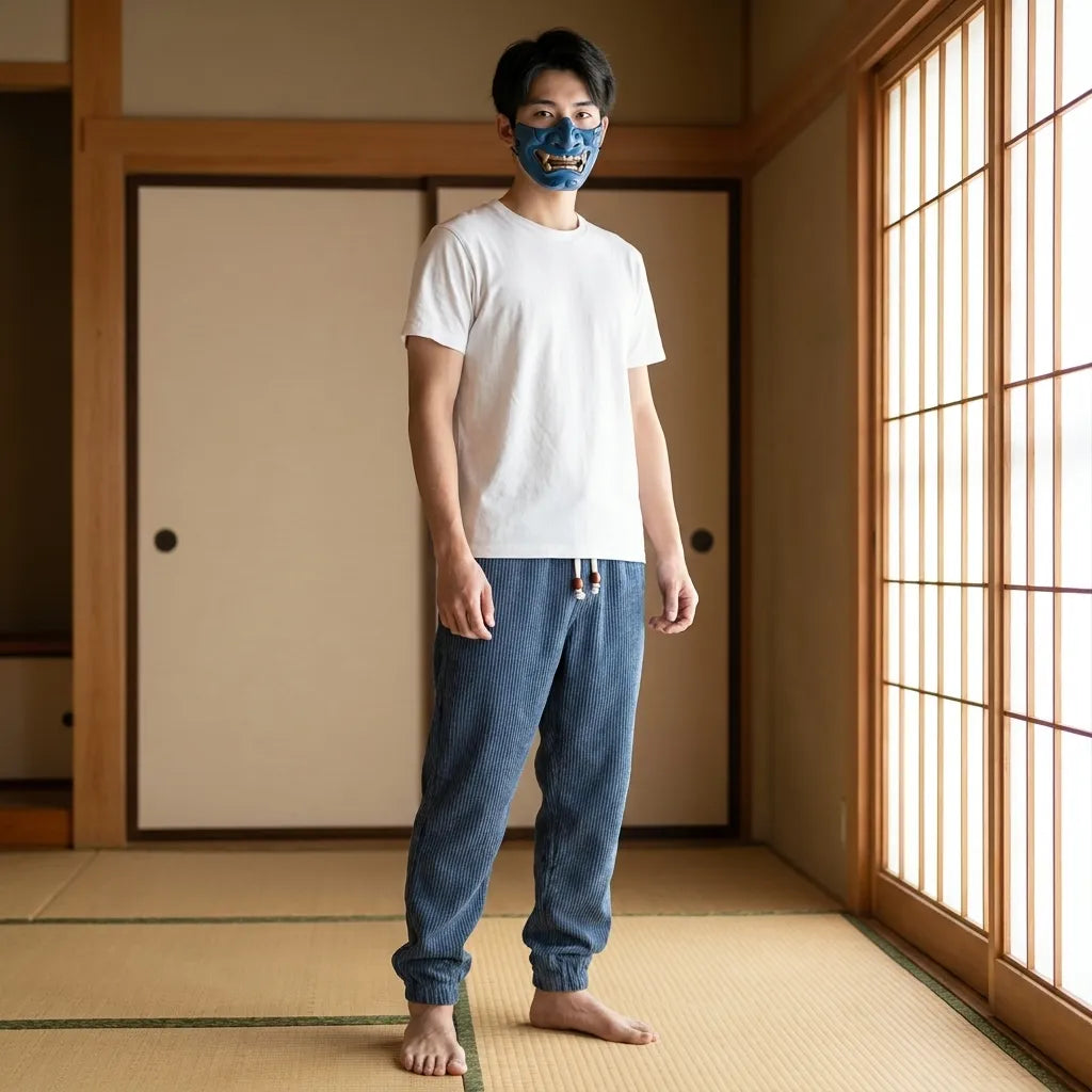 Pantalon japonais en velours côtelé vu de face