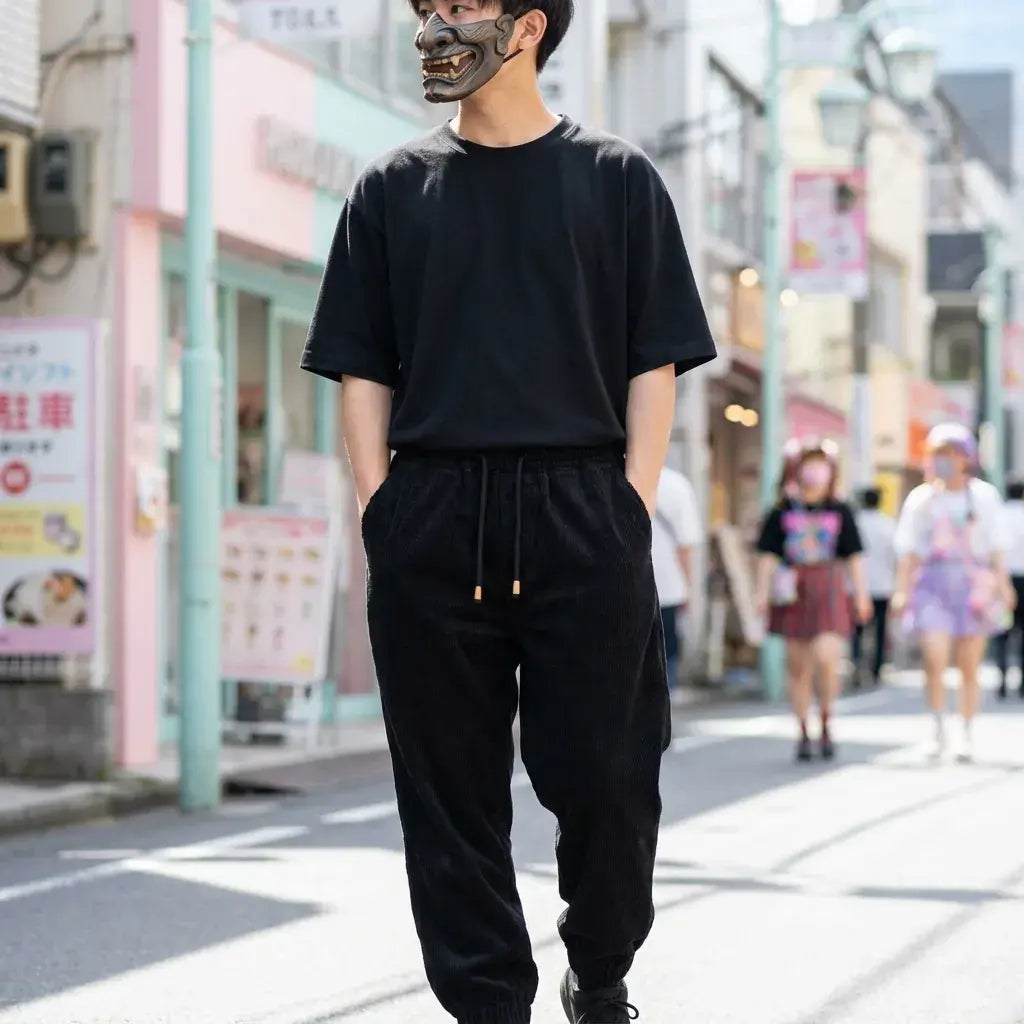 Pantalon velours côtelé japonais coupe ample sur un homme