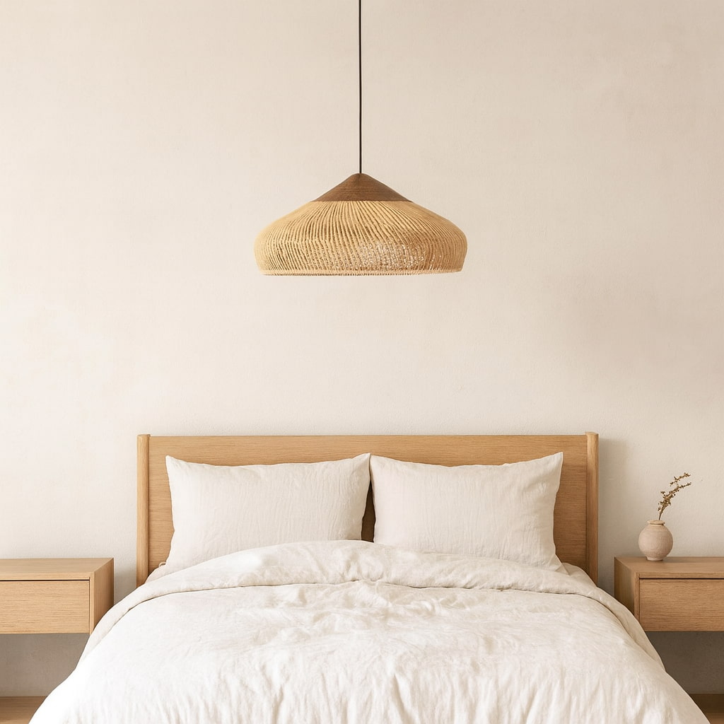 Chambre avec tête de lit en bois, linge blanc et plafonnier japonais tissé suspendu