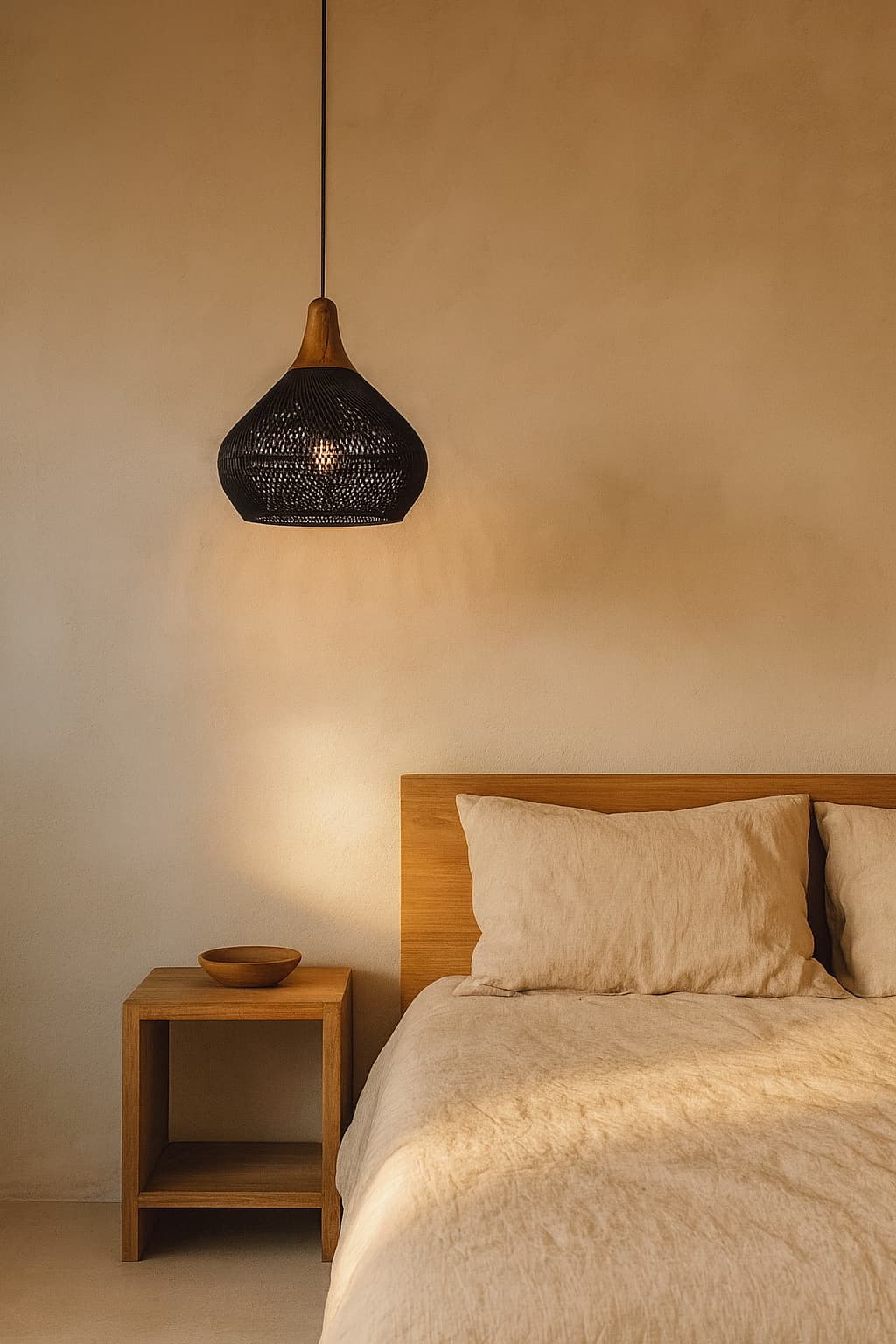 Détail du plafonnier japonais en bois et fibre tressée
