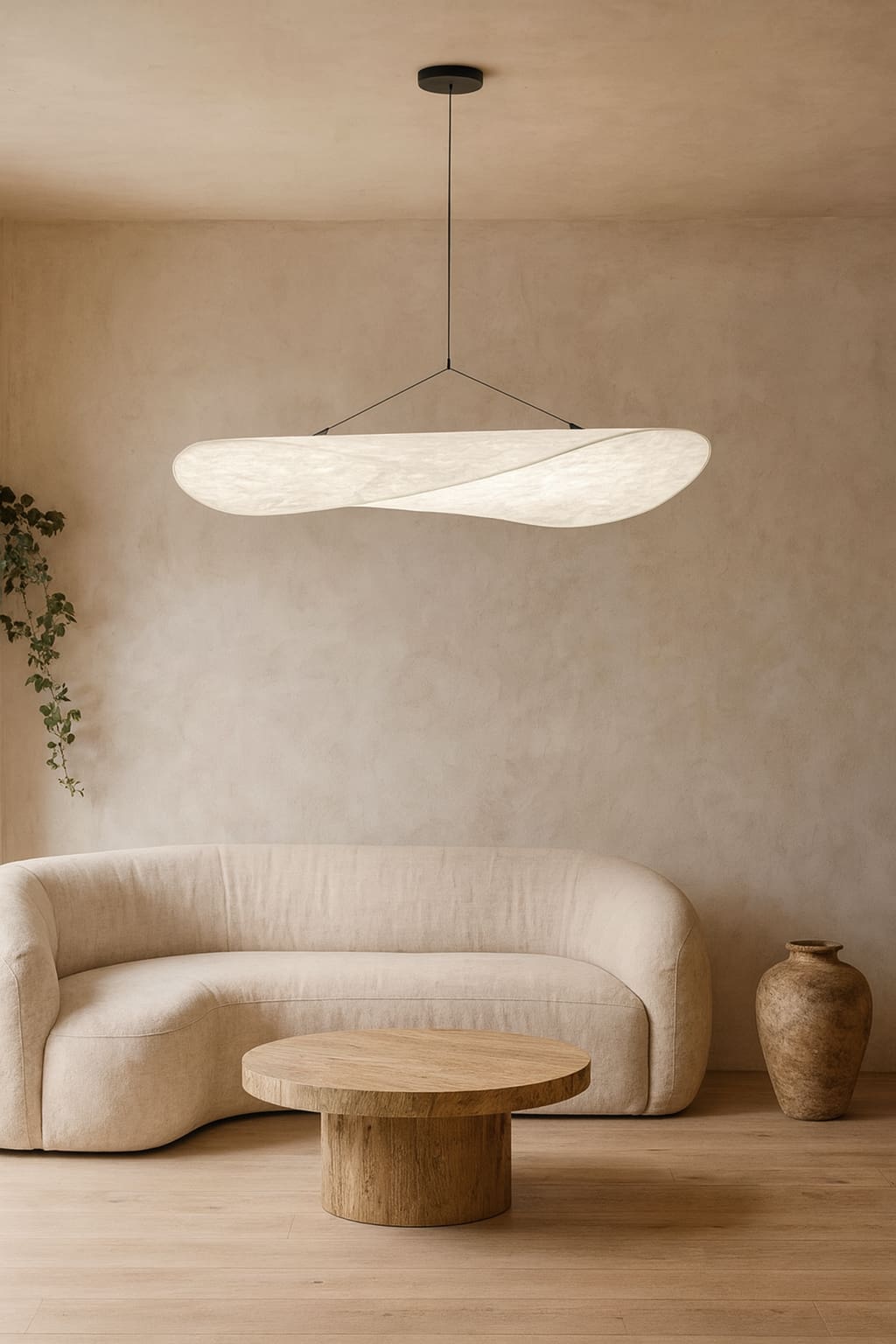 Salon moderne avec une lampe plafonnier blanche en papier japonais, canapé beige, table basse en bois et vase décoratif