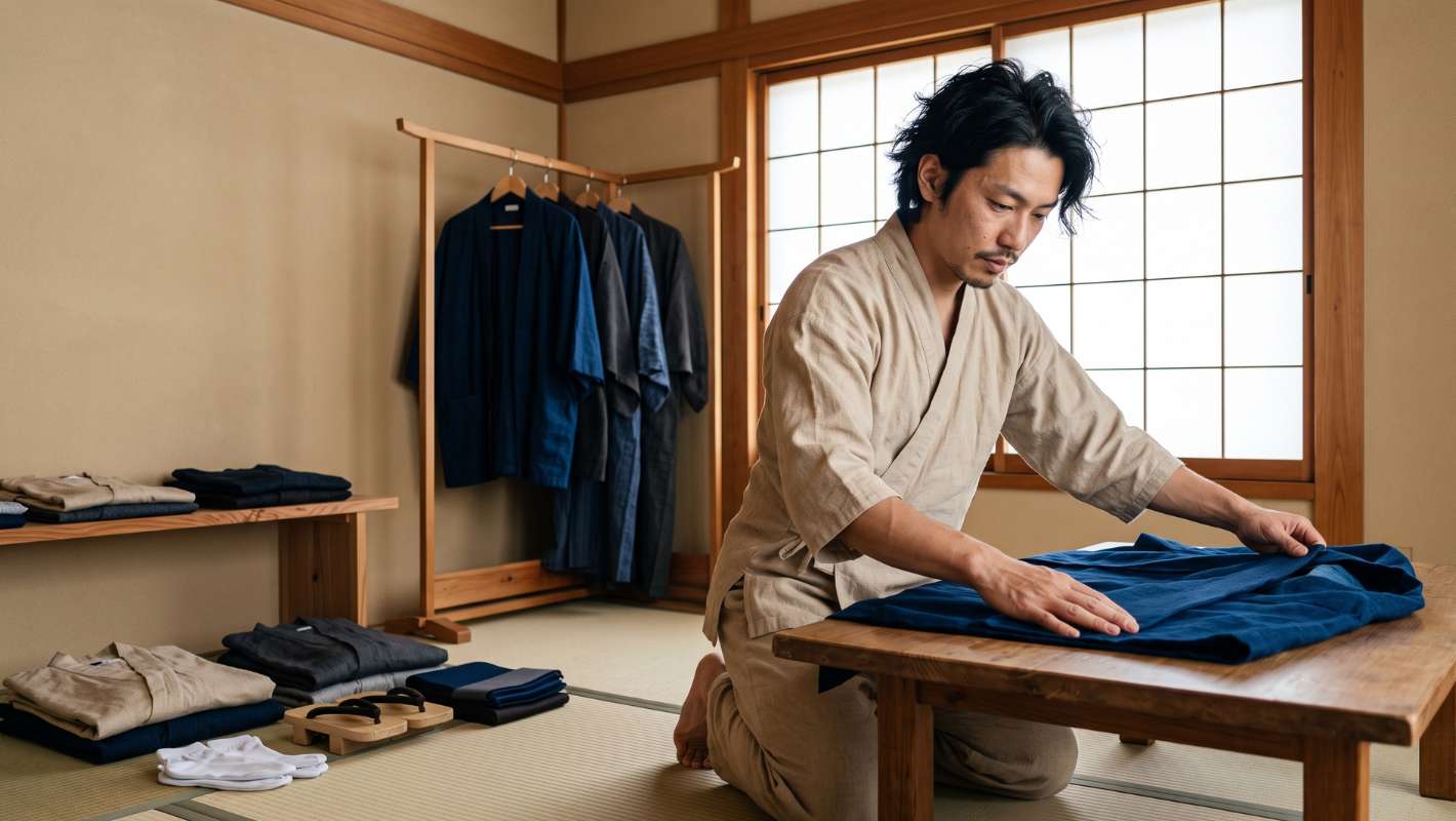 Pliage traditionnel d'un kimono sur tatami