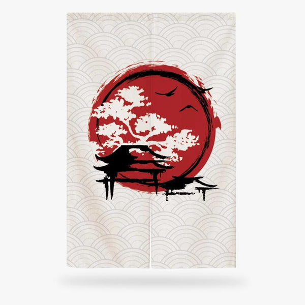 Ce rideau japon est un rideau en coton avec un motif de fleur de cerisier, le disque rouge du drapeau japonais et des chateaux japonais