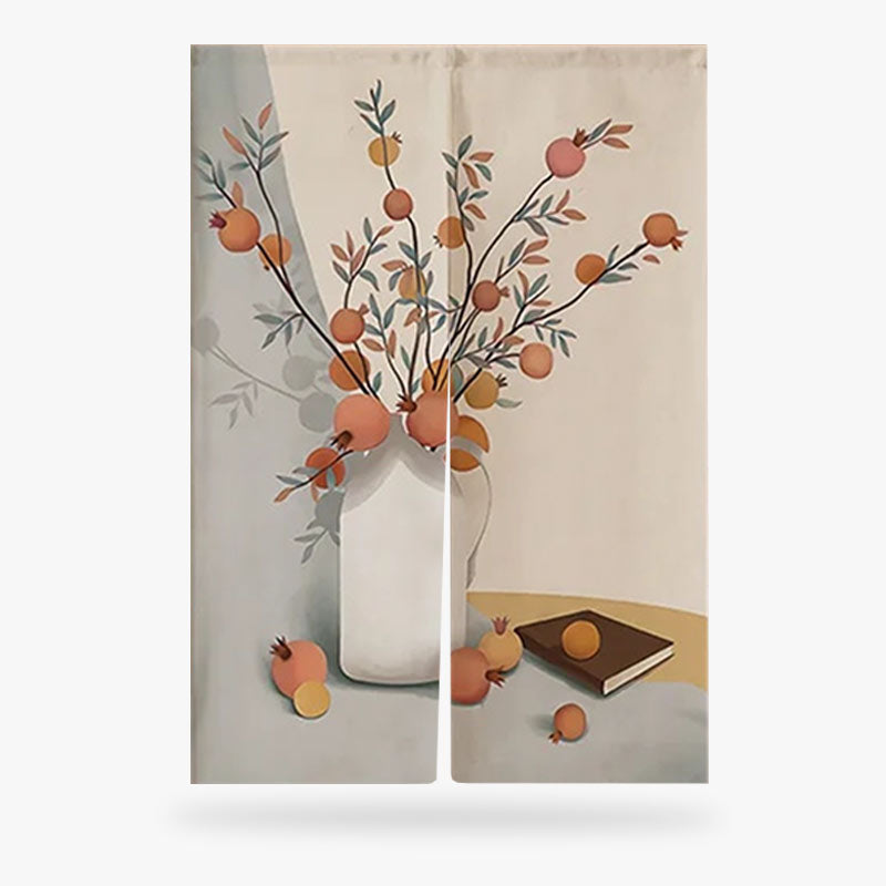 Rideau noren de cuisine japonais avec motif de vase de fleurs et grenades sur fond beige