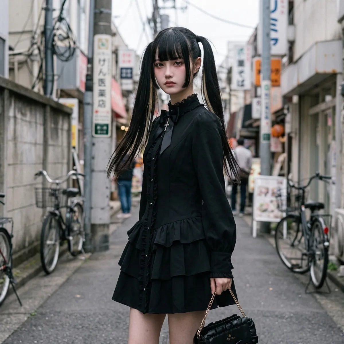 La robe gothique punk vue de trois quarts à Harajuku, laissant apparaître la manche bouffante et les deux volants superposés