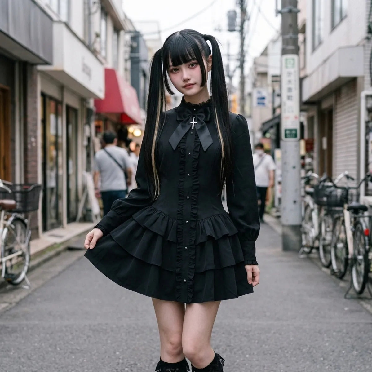 Mini robe gothique punk dans une ruelle de Harajuku, col noeud et volants superposés visibles en plein jour