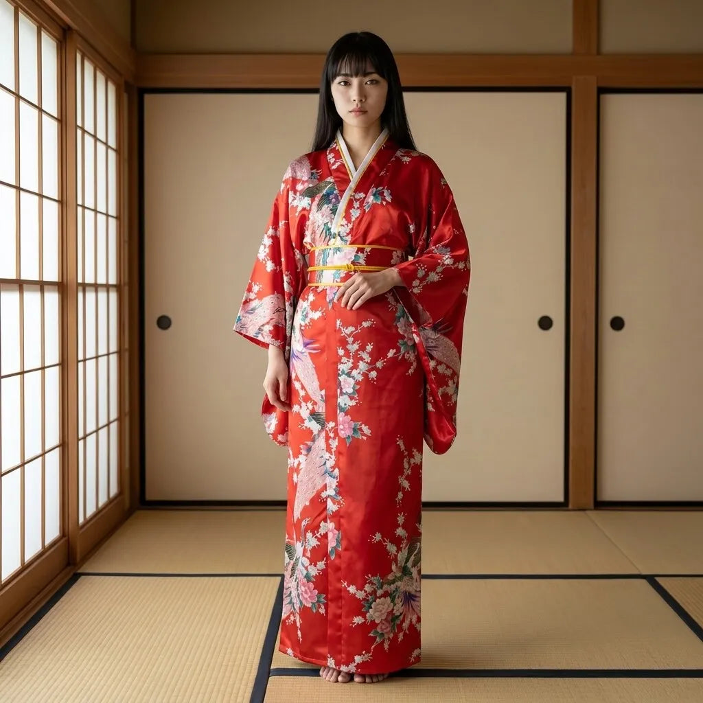 Robe kimono rouge pour femme à base rouge kurenai et motif de paon
