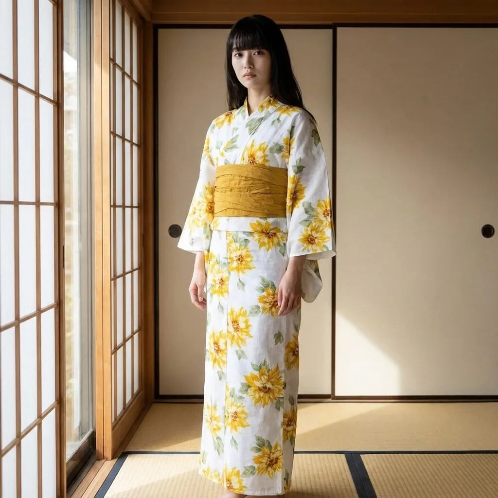 Robe yukata fleurie à grands tournesols himawari jaunes sur fond clair