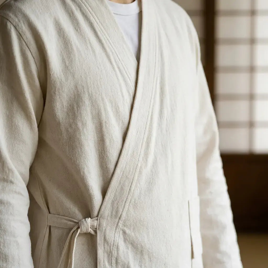 Samue Japonais Homme porté par un homme dans une pièce japonaise traditionnelle, vue de face