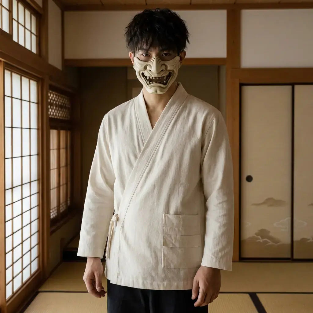 Samue Japonais Homme porté par un homme dans une pièce japonaise traditionnelle, vue de face