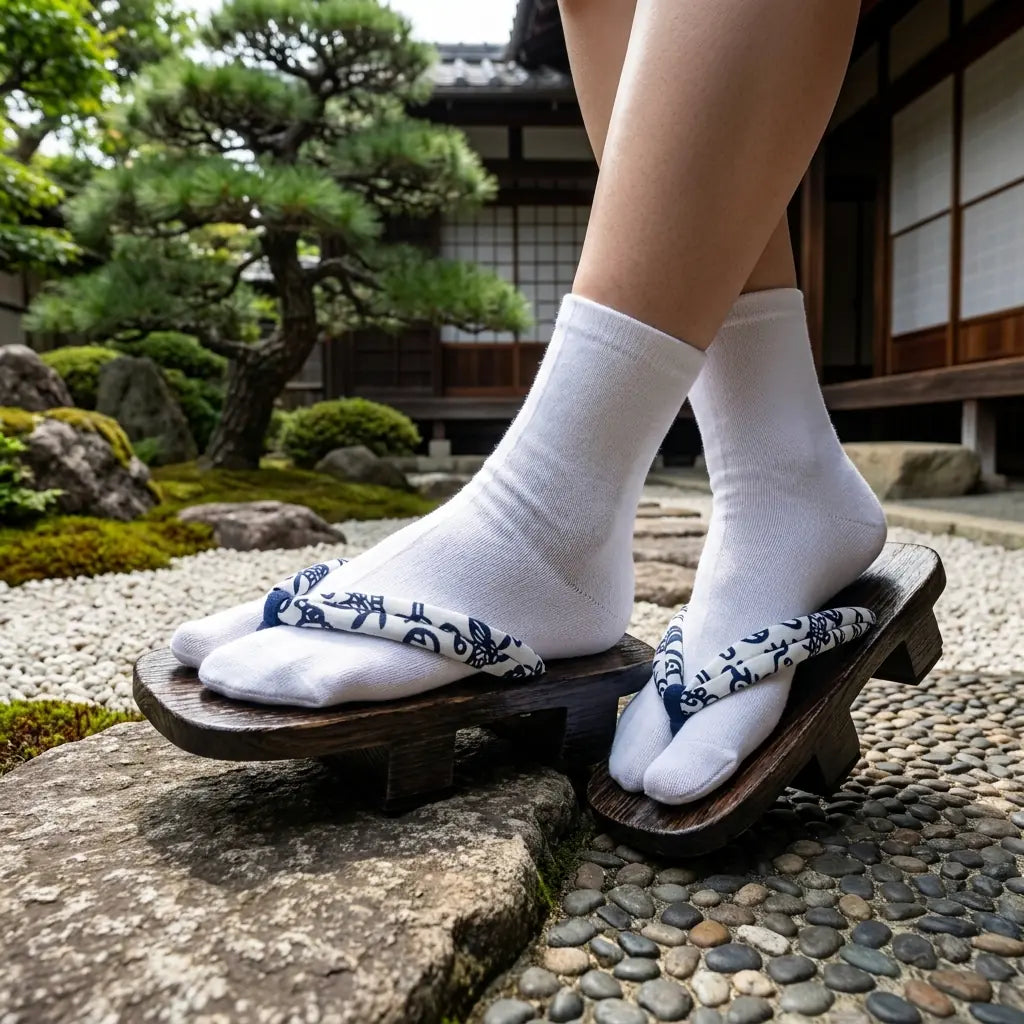 Sandale geta avec lanière florale marine dans un jardin japonais