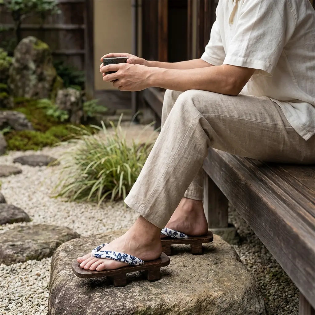 Sandales geta portées avec des chaussettes tabi blanches, homme assis dans un jardin japonais