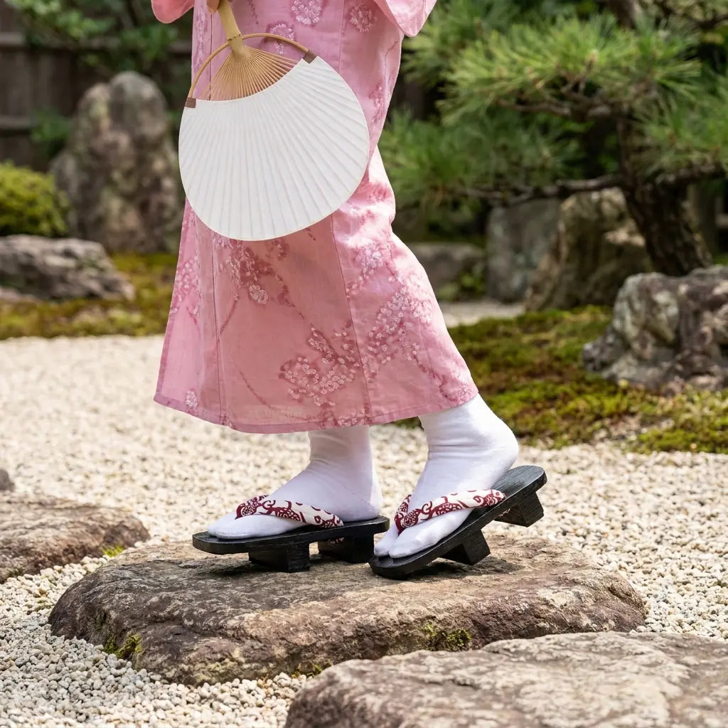 Sandales geta bordeaux portées avec un kimono rose dans un jardin japonais