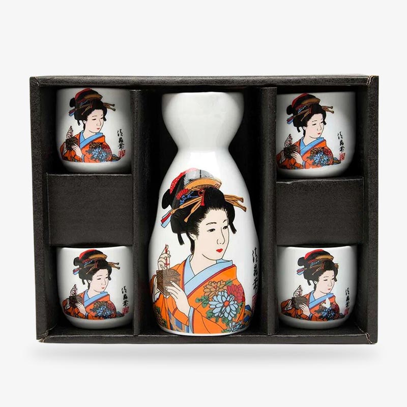 Set de service à saké japonais avec bouteille et coupelles style Ukiyo-e