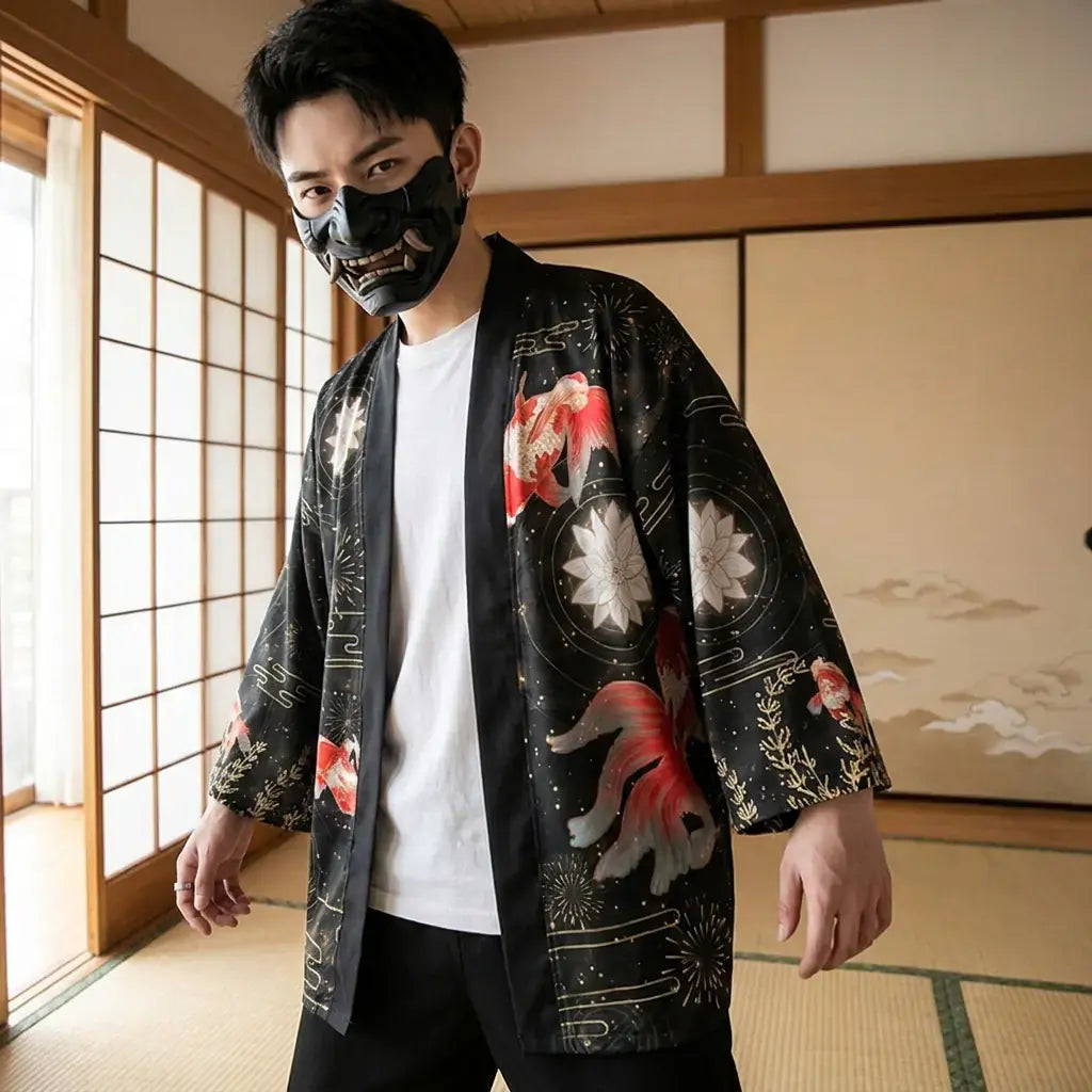 Soulive Haori porté par un homme dans une pièce japonaise traditionnelle, vue de face