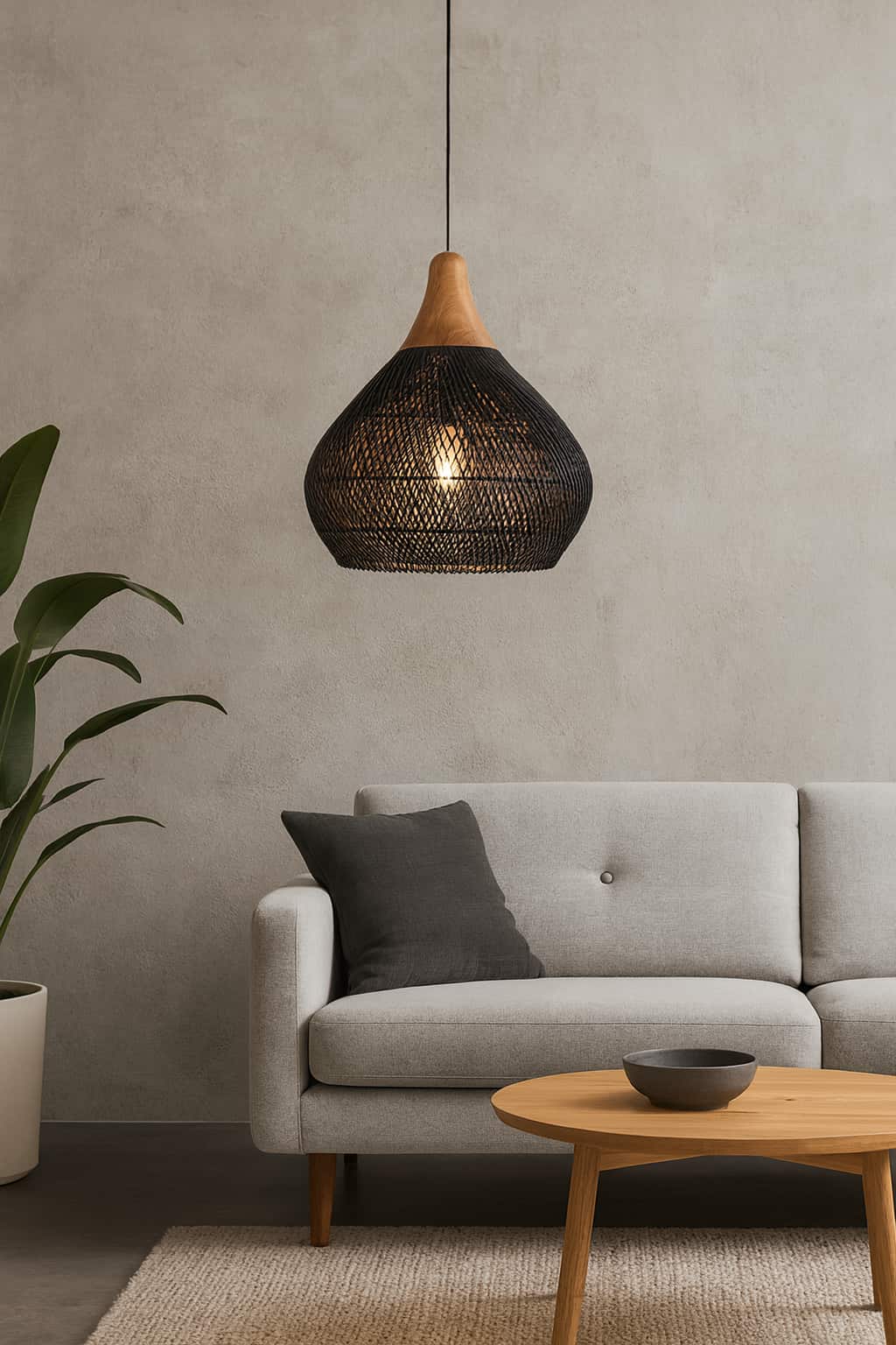 Suspension japandi moderne dans un salon avec canapé gris, table basse en bois et lampe suspendue