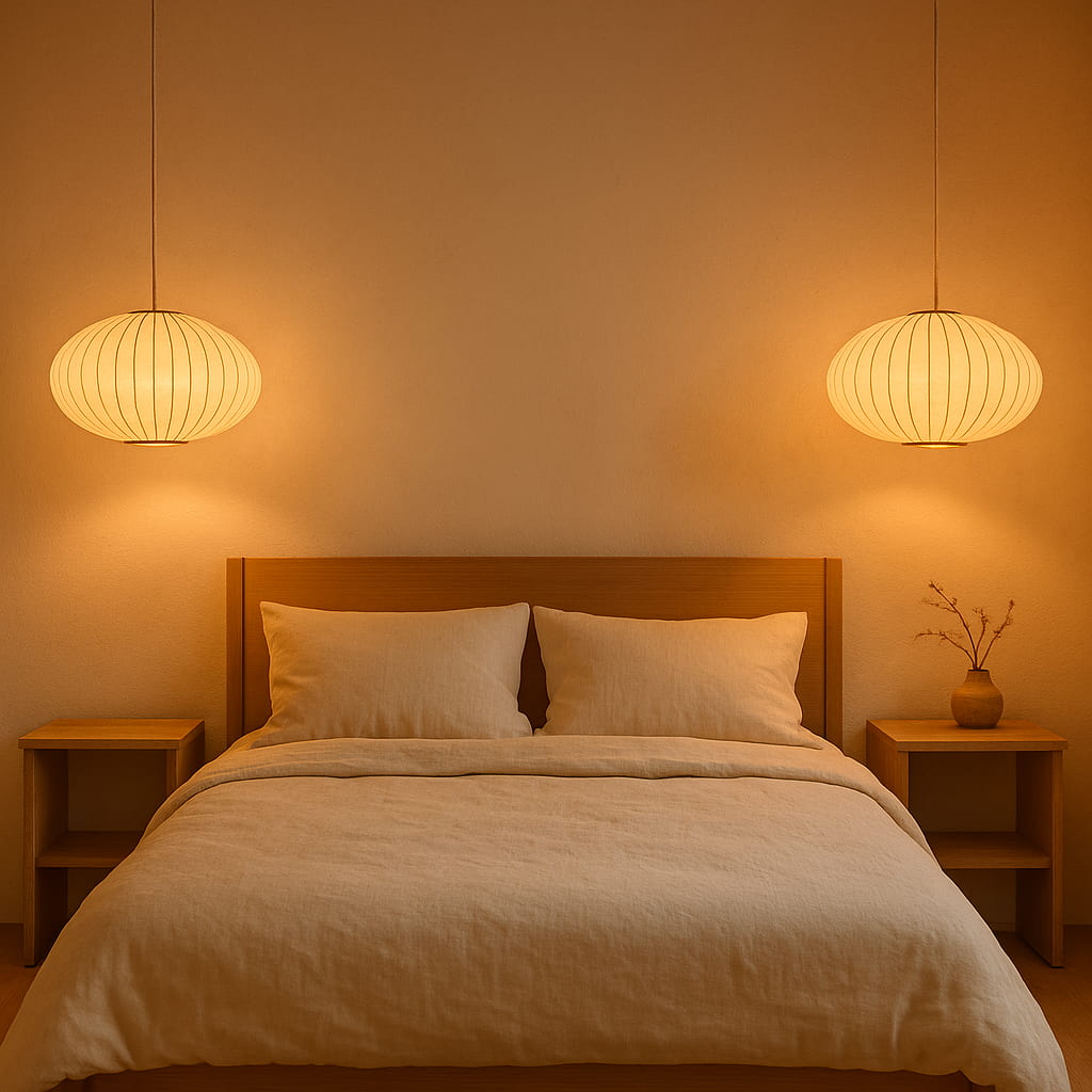 Chambre avec tête de lit en bois, linge de lit beige et deux luminaires japonais modernes diffusant une lumière chaleureuse
