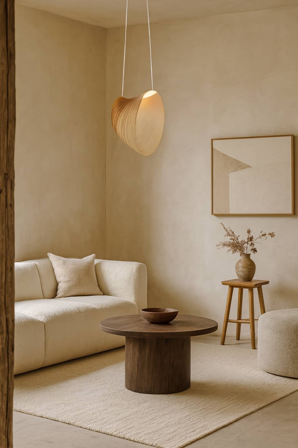 Salon moderne avec canapé beige, table basse en bois et suspension japonaise