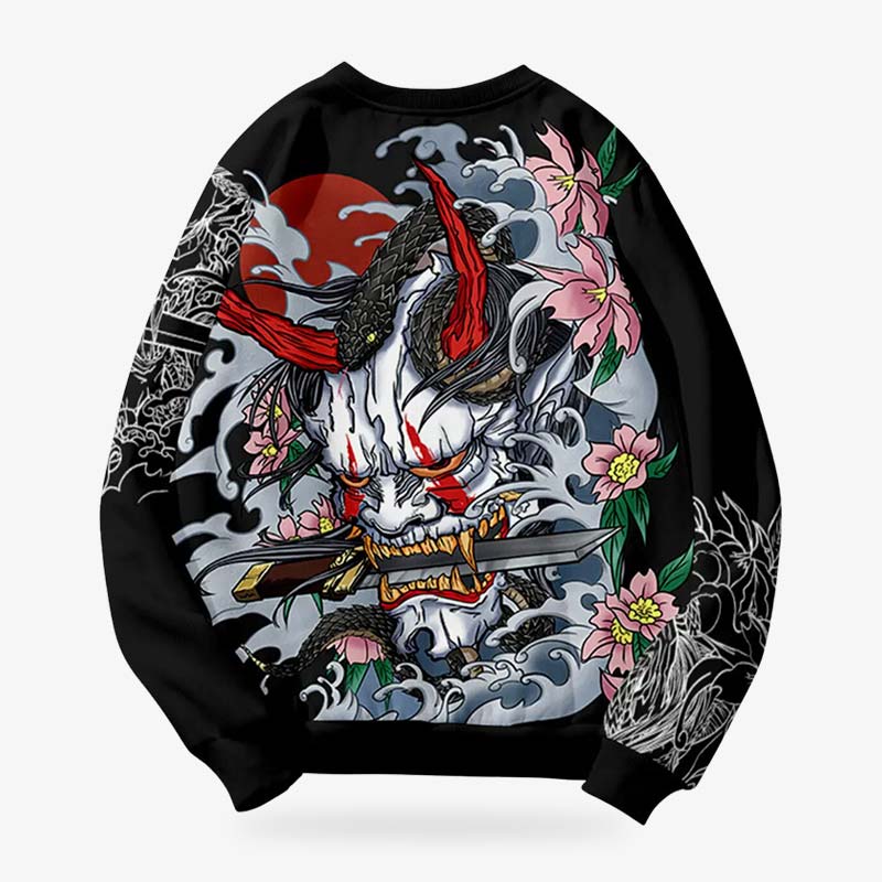 Sweat Oni noir avec motif démon Hannya et éléments floraux gris et roses