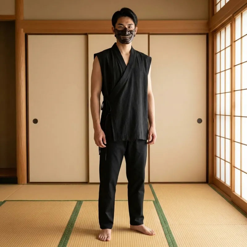 T-shirt Japan noir sans manches col V vue de face