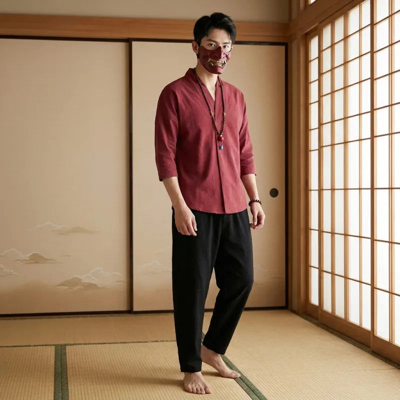T-shirt Japon Homme rouge en lin, vue de face