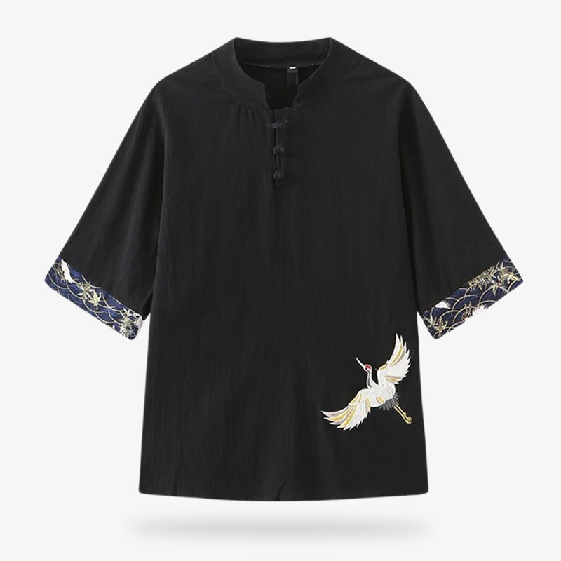 T-shirt japonais noir orné de grues tsuru brodées