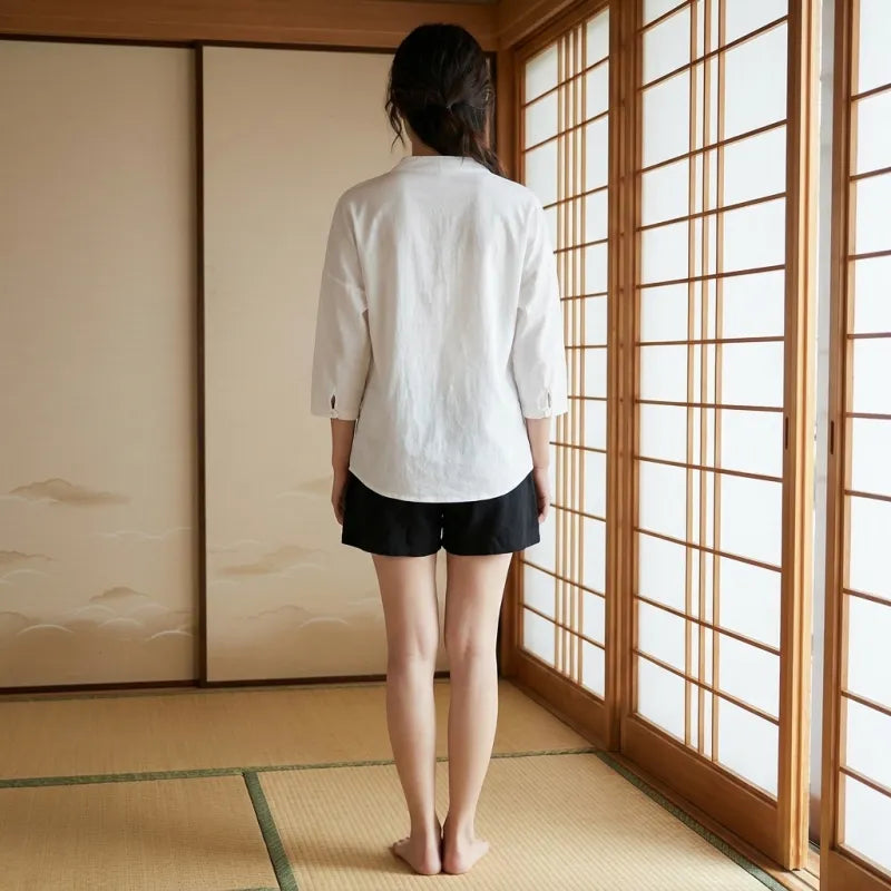 Détail du tissu en lin du t-shirt japonais homme