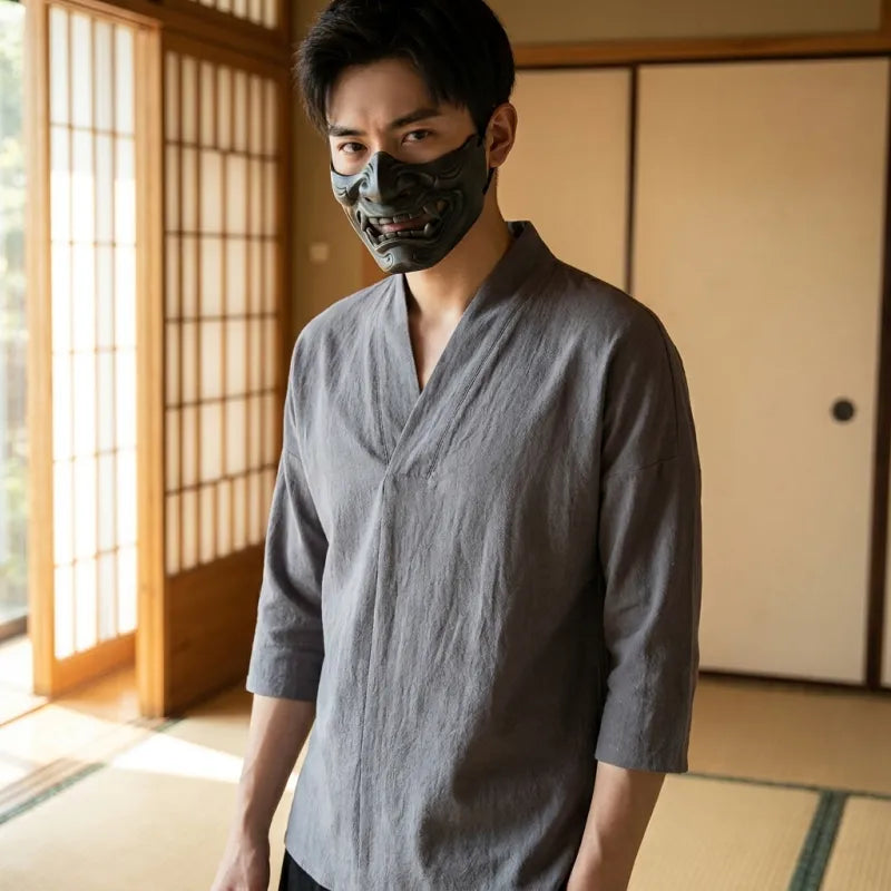 T-shirt japonais lin homme gris vu de face