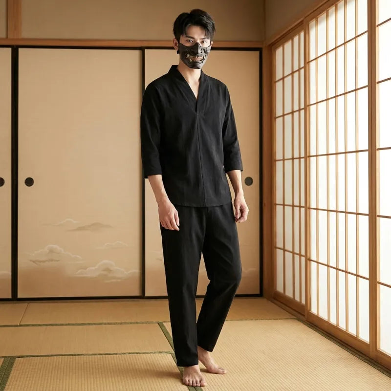 T-shirt japonais noir col V vu de face