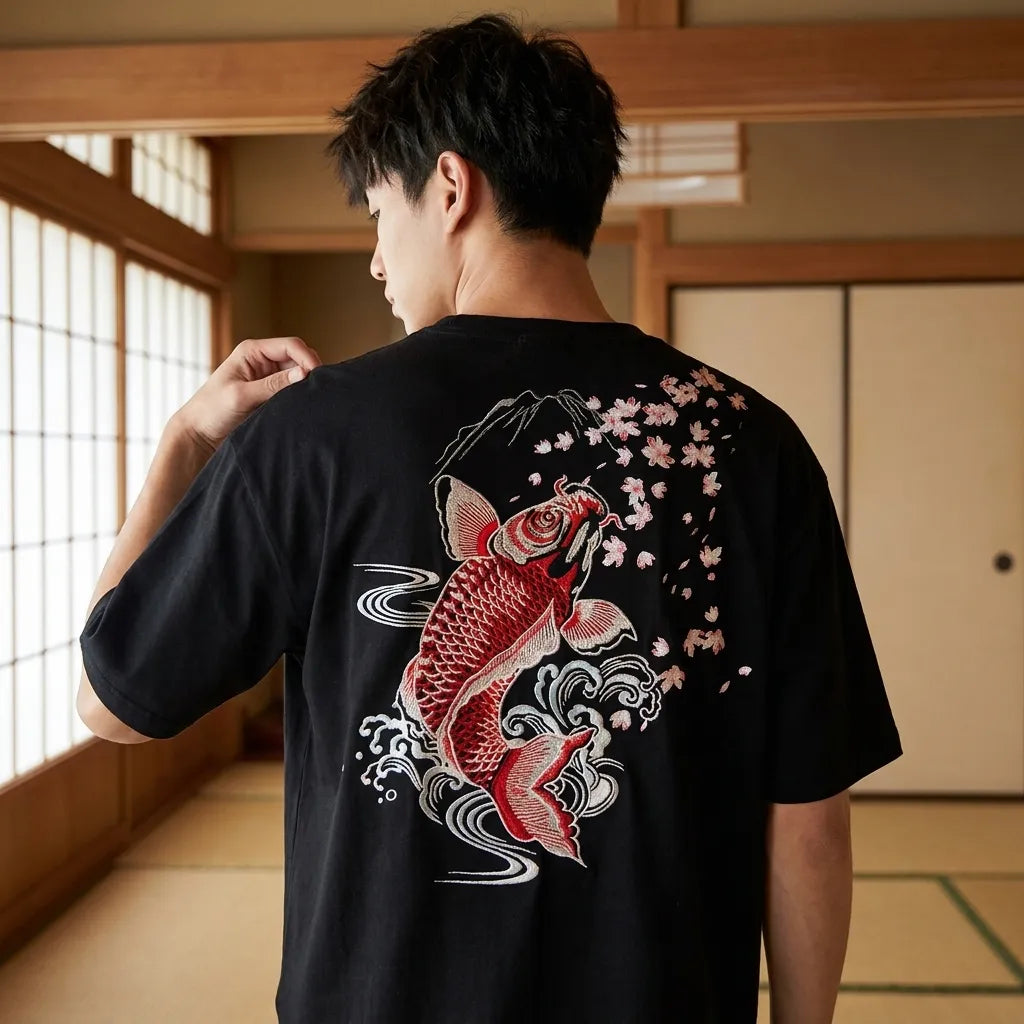 T-shirt koi noir style Harajuku vue de dos