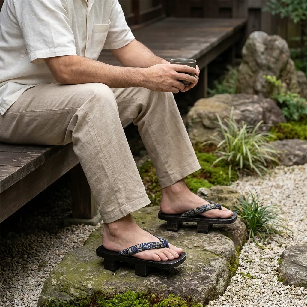 Sandales geta en bois portées assis dans un jardin japonais