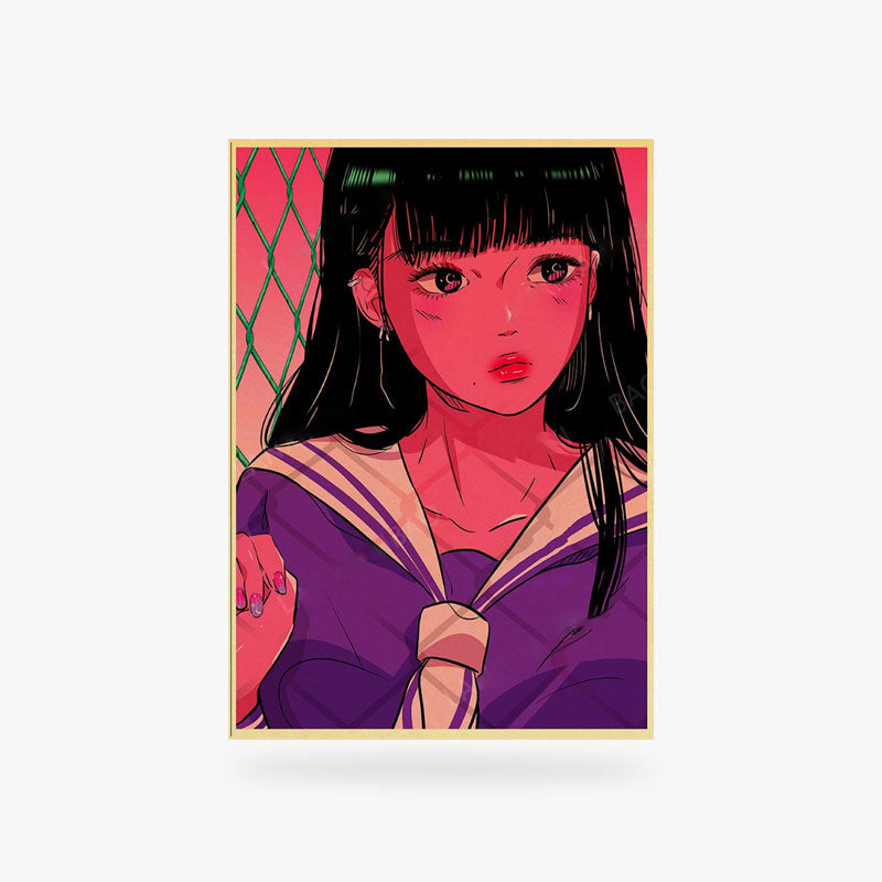 Ce tableau japonais manga est en papier canvas. Une fille japonaise est dessinée avec une tenue d'etudiante : le sailor fuku