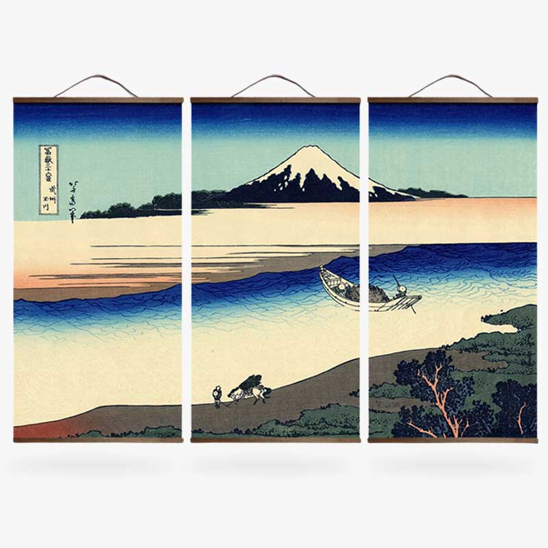Tableau Japonais Mont Fuji triptyque inspiré d'Hokusai