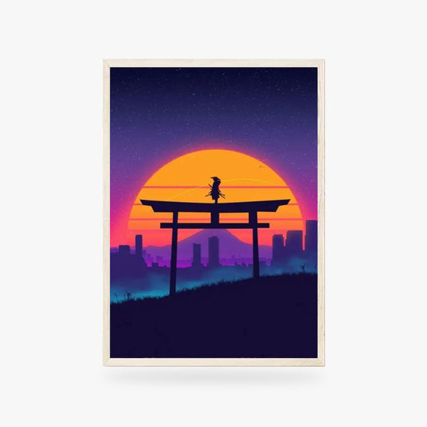 Cet objet de décoration murale est un tableau japonais vaporwave avec un dessin de samourai sur une porte Torrii avec Tokyo et un couché de soleil