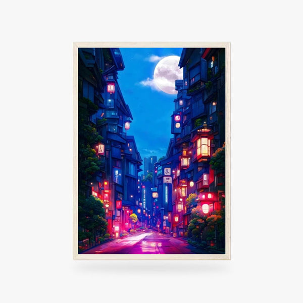 Ce tableau tokyo est un dessin de la capitale japonaise avec des couleurs bleues au clair de lune. Le tableau japonais mêlange design japonais traditionnel avec des lanternes chochin et des building avec d'un style architectural moderne